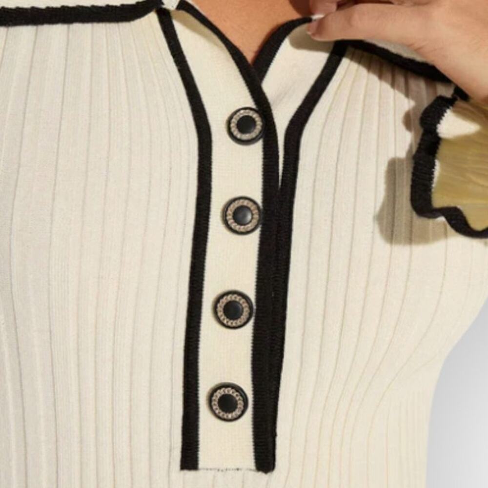 Commense Contrast Trim Ribbed Knit Button Maxi Dress Cream Black - Parisian Chic - Picture 7 of 9